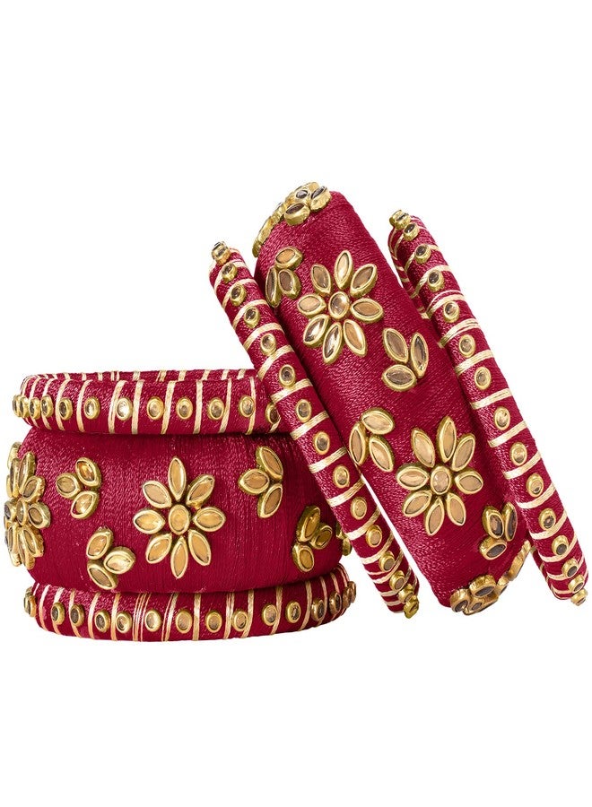 Peora Red Silk Thread Matching Golden Floral Decorative Chuda Chura Bangle Set Navratri Gift for Women Girls - Image 2