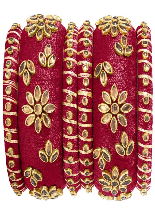 Peora Red Silk Thread Matching Golden Floral Decorative Chuda Chura Bangle Set Navratri Gift for Women Girls - Image 5