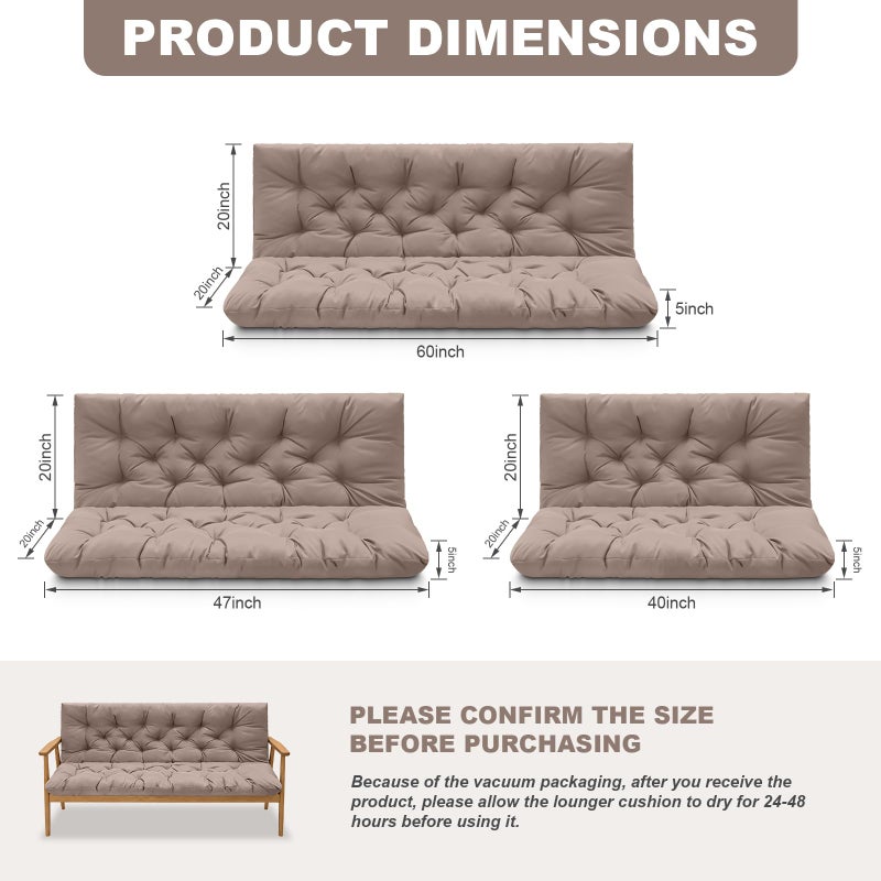 GPQAWER Outdoor Swing Cushions,Waterproof Swing Cushions 3 Seater Replacement with Backrest,Outdoor Thickened Bench Cushion with Ties for Porch,Patio,Backyard,Garden and Lawn (Khaki 60 * 40 in) - Image 2