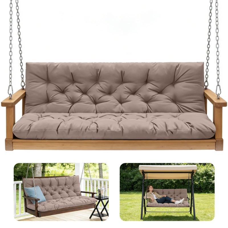 GPQAWER Outdoor Swing Cushions,Waterproof Swing Cushions 3 Seater Replacement with Backrest,Outdoor Thickened Bench Cushion with Ties for Porch,Patio,Backyard,Garden and Lawn (Khaki 60 * 40 in) - Image 1