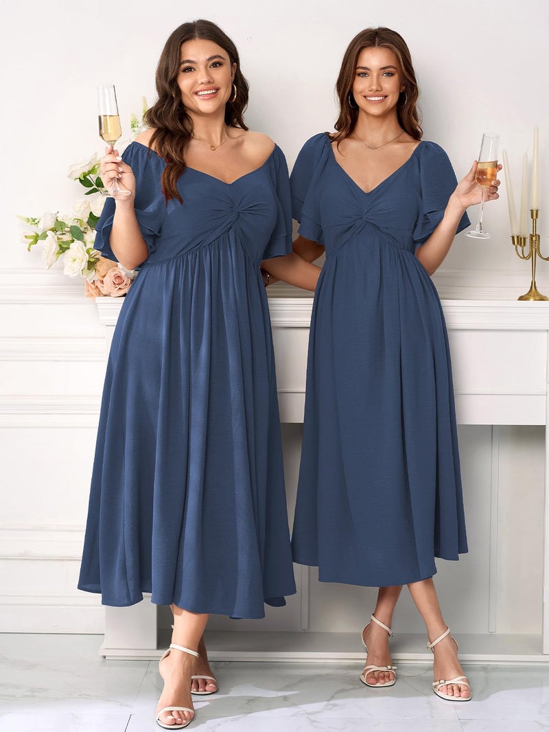 SCOMCHIC Women's Plus Size Wedding Guest Cocktail Dresses Sweetheart Neckline Ruffle Sleeve A Line Maxi Dress Dusty Blue - Image 2