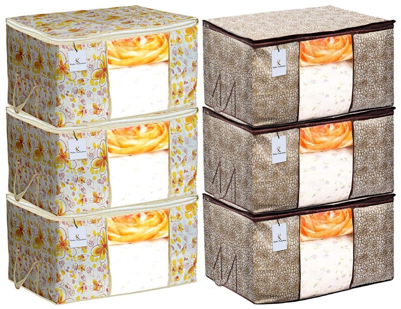 Kuber Industries Kuber Industries Metalic Printed 6 Piece Non Woven Fabric Underbed Storage BagCloth OrganiserBlanket Cover with Transparent Window Ivory Red Golden Brown CTKTC41144  - Image 1