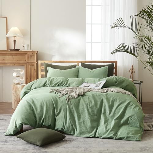 AMWAN Simple Style Sage Green Duvet Cover King Size Soft 100% Washed Cotton Bedding Sets Solid Color Light Green Comforter Cover 1 King Duvet Cover with 2 Pillowcases Aesthetic Luxury Bedding Set - Image 1