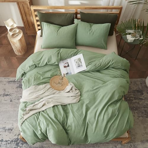 AMWAN Simple Style Sage Green Duvet Cover King Size Soft 100% Washed Cotton Bedding Sets Solid Color Light Green Comforter Cover 1 King Duvet Cover with 2 Pillowcases Aesthetic Luxury Bedding Set - Image 4