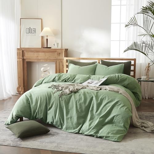 AMWAN Simple Style Sage Green Duvet Cover King Size Soft 100% Washed Cotton Bedding Sets Solid Color Light Green Comforter Cover 1 King Duvet Cover with 2 Pillowcases Aesthetic Luxury Bedding Set - Image 2