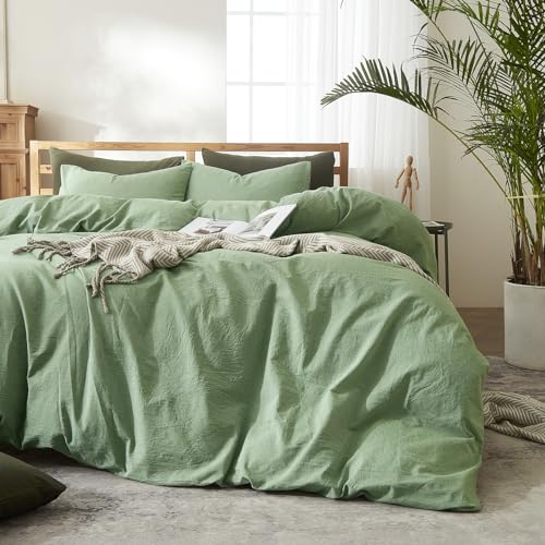 AMWAN Simple Style Sage Green Duvet Cover King Size Soft 100% Washed Cotton Bedding Sets Solid Color Light Green Comforter Cover 1 King Duvet Cover with 2 Pillowcases Aesthetic Luxury Bedding Set - Image 3