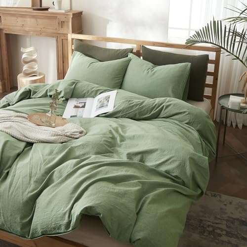 AMWAN Simple Style Sage Green Duvet Cover King Size Soft 100% Washed Cotton Bedding Sets Solid Color Light Green Comforter Cover 1 King Duvet Cover with 2 Pillowcases Aesthetic Luxury Bedding Set - Image 5