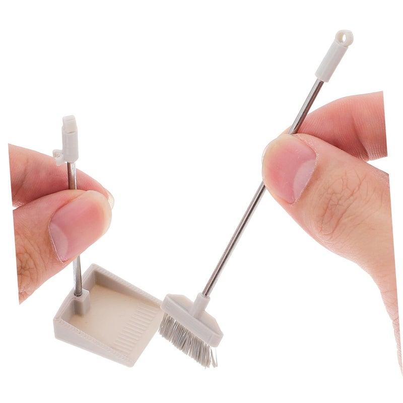 Mini Broom And Dustpan Set Light Grey Soft Bristle Dollhouse Cleaning Tool Desktop Decor - Image 3