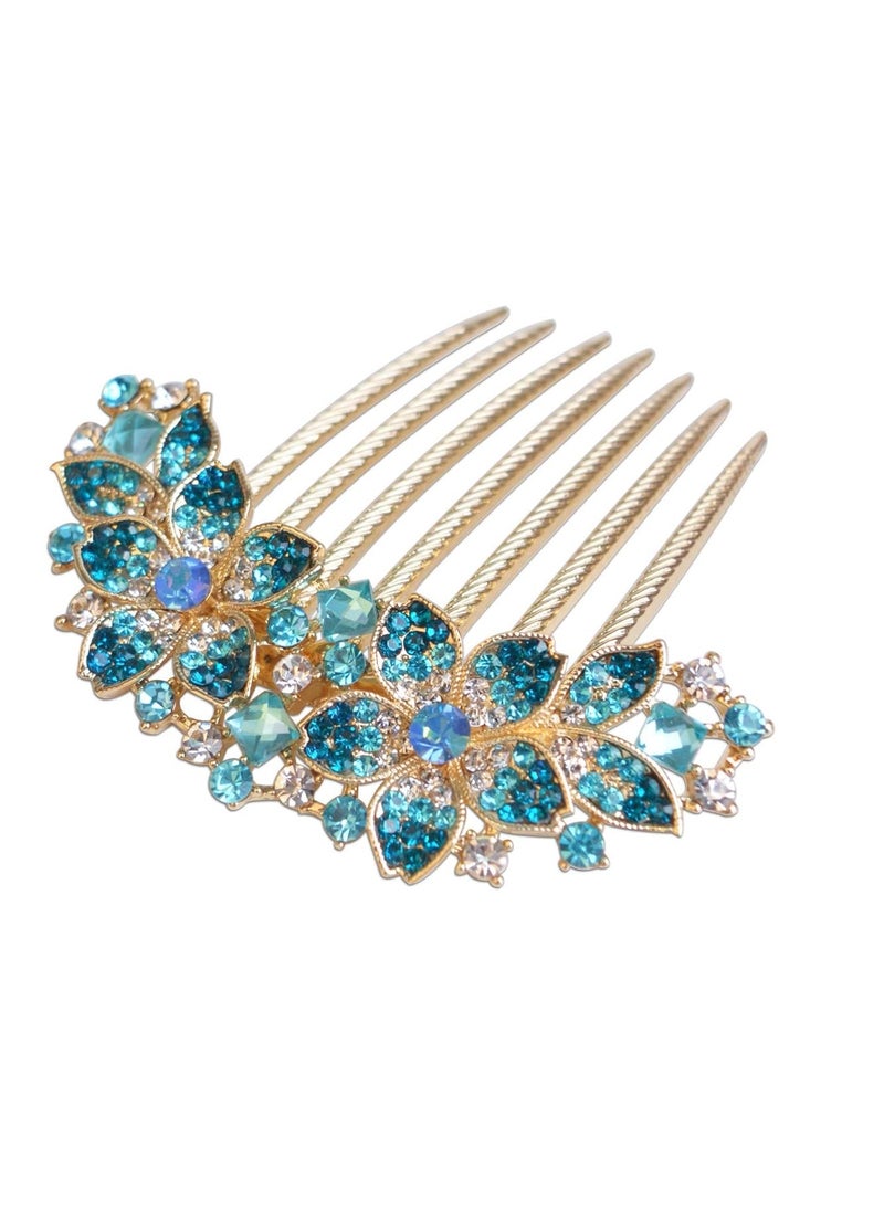 Sankuwen Women Rhinestone Inlaid Flower Hair Comb Hairpin Barrette Accessory,Also Perfect Mother's Day Gifts for Mom (Blue)  - Image 1