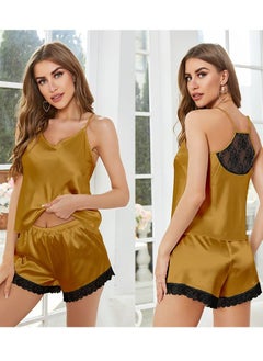 Women's Lace Stitching 2-Piece Set Nightgown Sleepwear Camisole Tops And Shorts Soft Loungewear Pajamas  Suit Gold