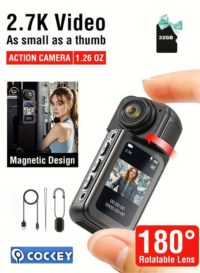 COCKEY 2.7K HD mini sports camera, new 180° rotating multi-angle outdoor camera, 1.47 HD magnetic camcorder, portable thumb camera with 32GB memory card, WIFI camera for vlog recording, cycling, travel, sports DV - Image 1