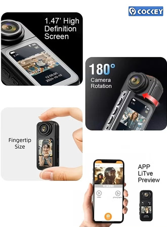 COCKEY 2.7K HD mini sports camera, new 180° rotating multi-angle outdoor camera, 1.47 HD magnetic camcorder, portable thumb camera with 32GB memory card, WIFI camera for vlog recording, cycling, travel, sports DV - Image 3