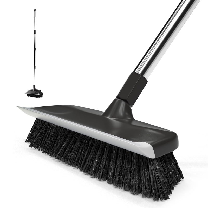 ITTAR فرشاة تنظيف إيتار بمقبض طويل 10 بوصة شعيرات صلبة فرشاة تنظيف الأرضيات الثقيلة 2 في 1 ممسحة مكنسة لتنظيف الفناء وحمام السباحة والمطبخ والمرآب والحمام باللون الأسود