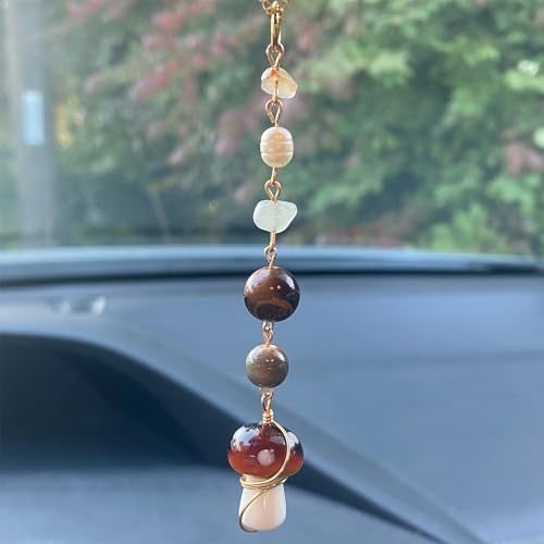 Qpige Mushroom Car Accessories for Women Cute Mushroom Hanging Ornament Boho Rear View Mirror Accessories Interior Car Decor Bag Charms Gifts for Women Girls Brown - Image 1