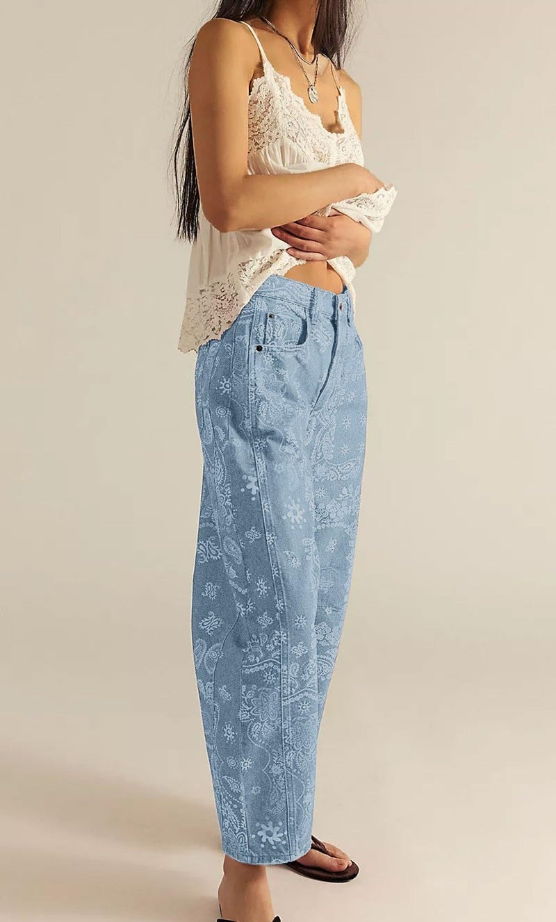 loveimgs Women Boyfriend Baggy Barrel Jeans Floral Print Denim Ankle Pants Wide Leg Mid Rise Jeans Sweatpants Y2k Patchwork (X-Small,Light Blue) - Image 5