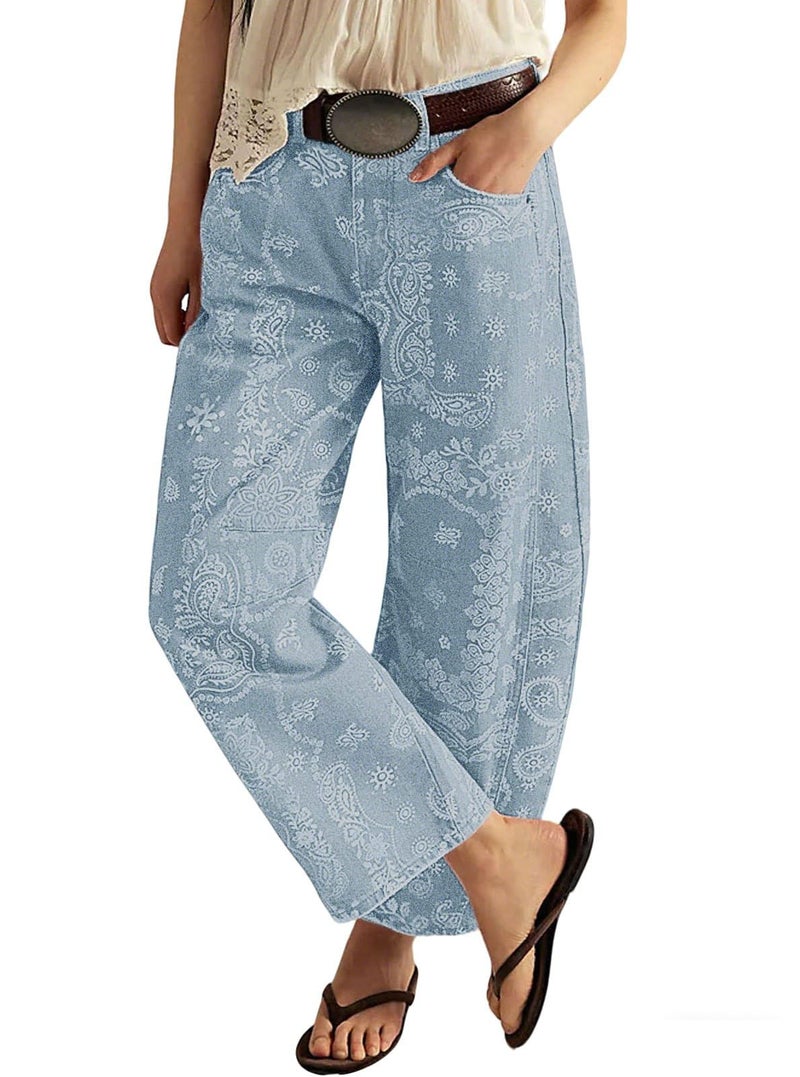 loveimgs Women Boyfriend Baggy Barrel Jeans Floral Print Denim Ankle Pants Wide Leg Mid Rise Jeans Sweatpants Y2k Patchwork (X-Small,Light Blue) - Image 1