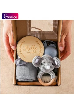 Gonice New Born Baby Gift Baskets Baby Boy Shower Gifts Set,Newborn Essentials Stuffers Baby Bath Set with Muslin Blanket, Drool Towel, Wood Brush & Rattle,Welcome Baby Gift Basket Loveys Box for Babies,Moms  - Image 1