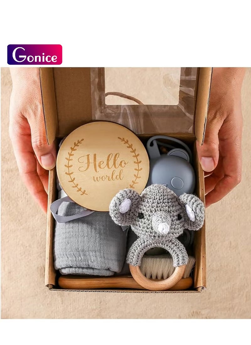 Gonice New Born Baby Gift Baskets Baby Boy Shower Gifts Set,Newborn Essentials Stuffers Baby Bath Set with Muslin Blanket, Drool Towel, Wood Brush & Rattle,Welcome Baby Gift Basket Loveys Box for Babies,Moms  - Image 1