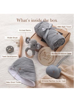Gonice New Born Baby Gift Baskets Baby Boy Shower Gifts Set,Newborn Essentials Stuffers Baby Bath Set with Muslin Blanket, Drool Towel, Wood Brush & Rattle,Welcome Baby Gift Basket Loveys Box for Babies,Moms  - Image 3