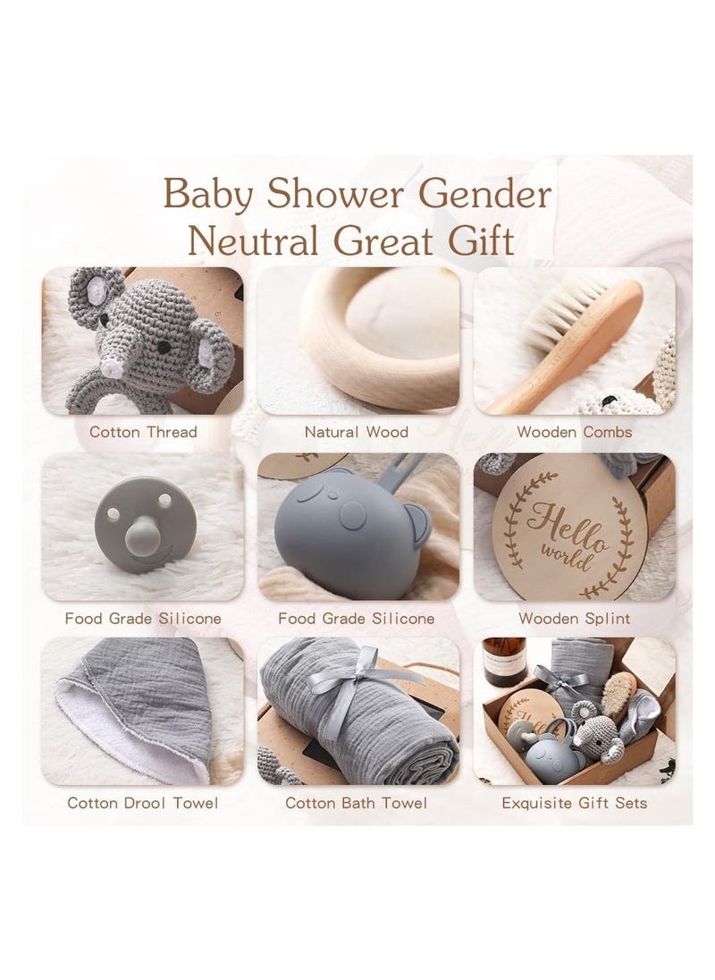 Gonice New Born Baby Gift Baskets Baby Boy Shower Gifts Set,Newborn Essentials Stuffers Baby Bath Set with Muslin Blanket, Drool Towel, Wood Brush & Rattle,Welcome Baby Gift Basket Loveys Box for Babies,Moms  - Image 4
