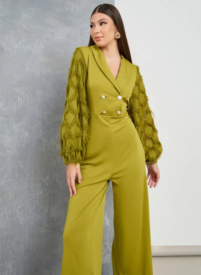 Take Two Fringe Volume Sleeve Wide Leg Jumpsuit