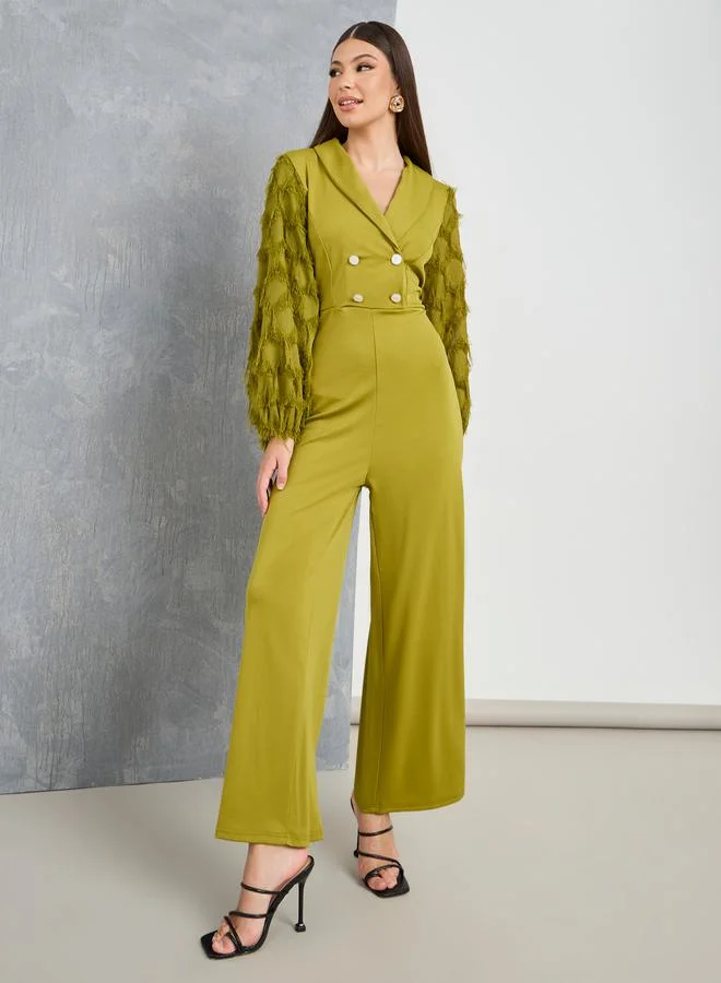 Take Two Fringe Volume Sleeve Wide Leg Jumpsuit