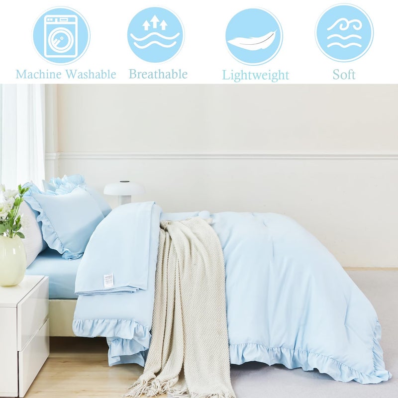 ANGIYUIN Light Blue Ruffle Girls Comforter Set Twin Size 5 Pieces Ruffled Farmhouse Bed in A Bag Solid Boho Bedding Comforter Sets Soft Fluffy Bed Sets for Kids Girl(Light Blue Twin) - Image 5