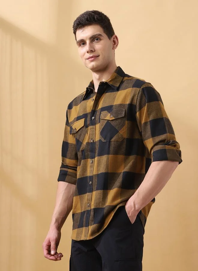 Dennis Lingo Men's Brown 100% Cotton Checkered Button Down Relaxed Shirt
