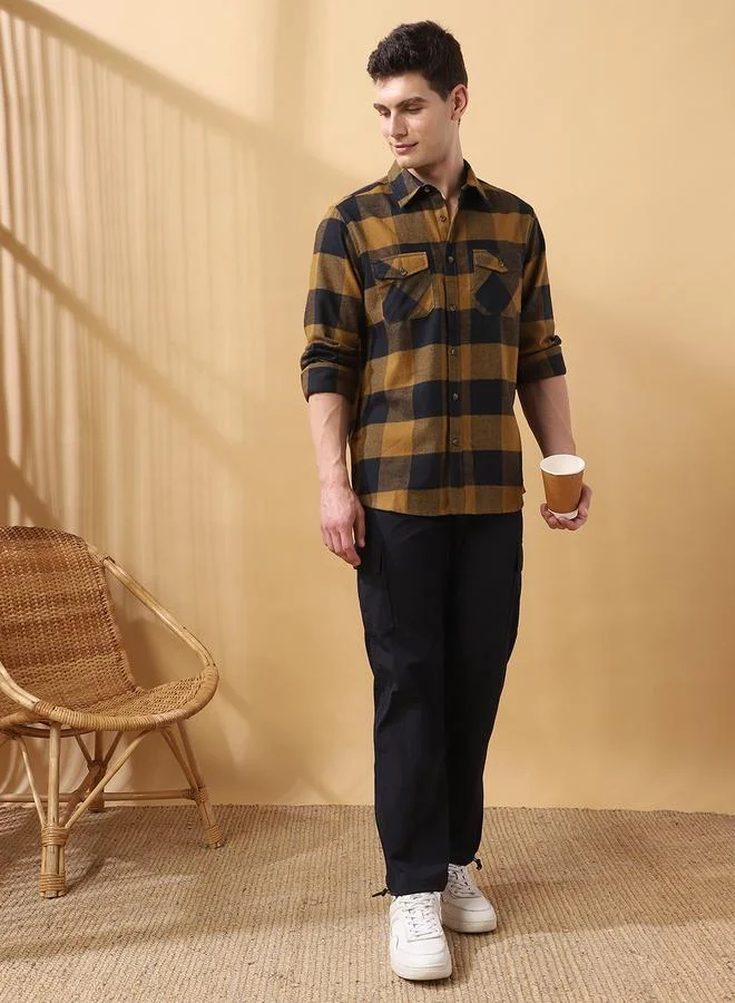 Dennis Lingo Men's Brown 100% Cotton Checkered Button Down Relaxed Shirt