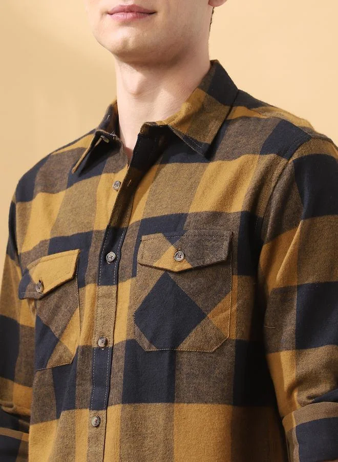 Dennis Lingo Men's Brown 100% Cotton Checkered Button Down Relaxed Shirt