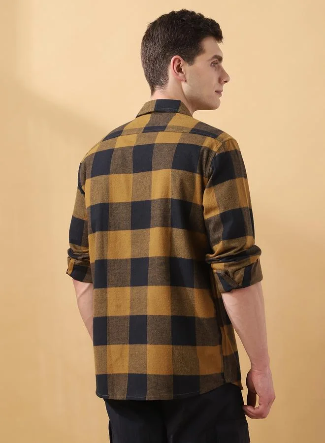 Dennis Lingo Men's Brown 100% Cotton Checkered Button Down Relaxed Shirt