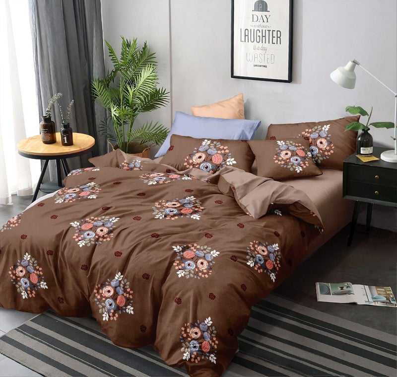 MORADO Premium Glace Cotton Floral Design Duvet Cover - Single, Brown with Zipper - Image 1