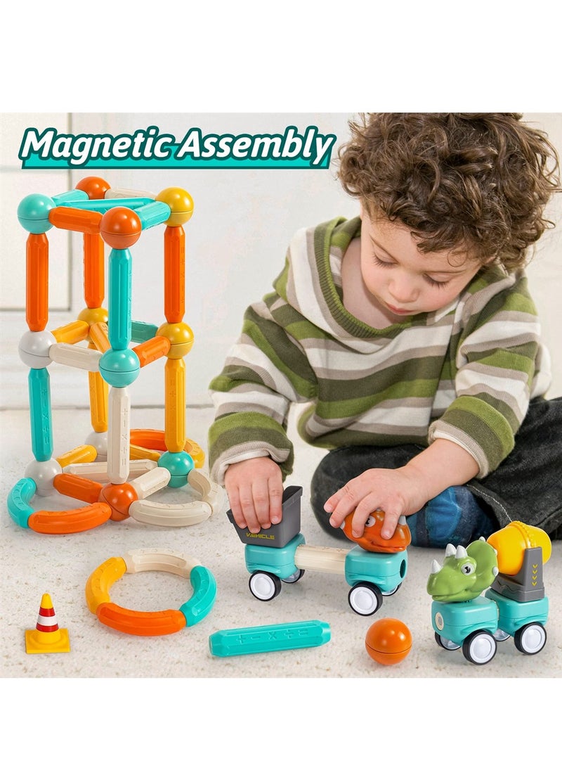 Loquat Magnetic Building Blocks Dinosaur Car Toys, 84PCS Toddlers Construction Truck Excavator Toys, STEM Preschool Magnet Toys, Creative Educational Building Toys for 3+ Kids Toddler Birthday Gift  - Image 2