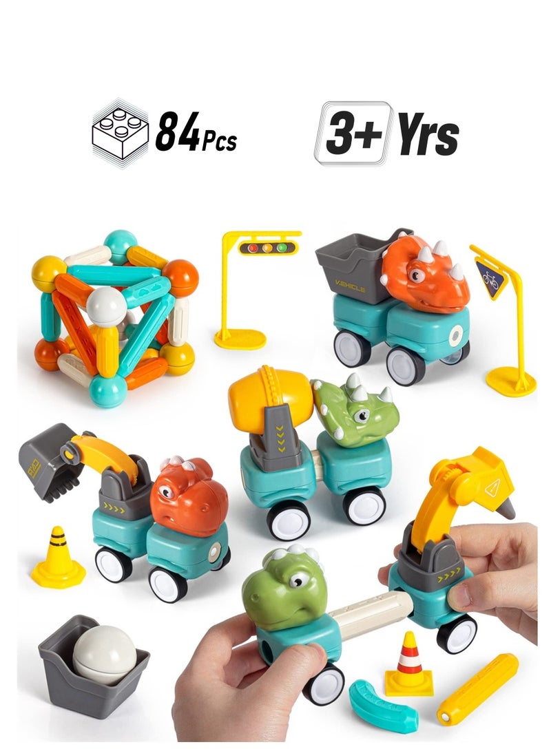 Loquat Magnetic Building Blocks Dinosaur Car Toys, 84PCS Toddlers Construction Truck Excavator Toys, STEM Preschool Magnet Toys, Creative Educational Building Toys for 3+ Kids Toddler Birthday Gift  - Image 1