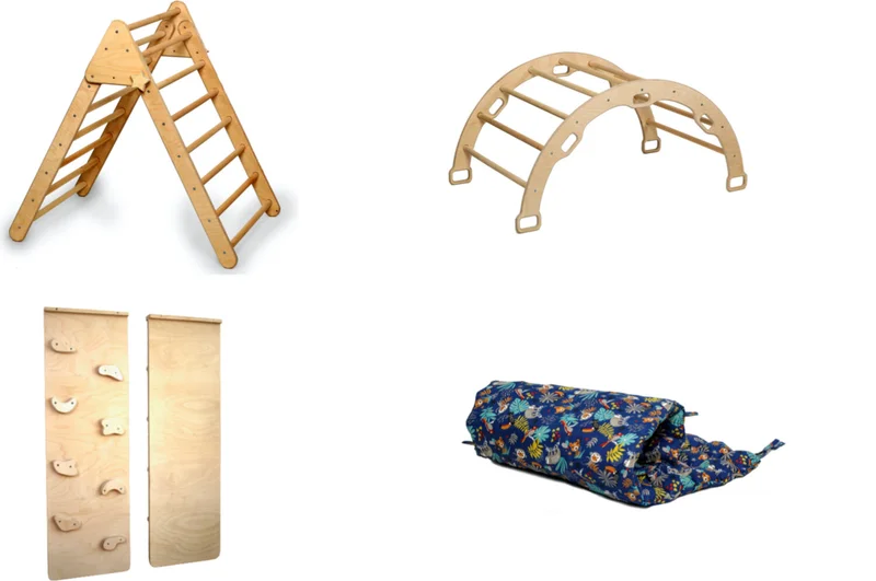 Kidoppo Pikler Climbing Set and Pillow | Montessori Set of 3 | Arch + Triangle + Stone Ramp + Pillow