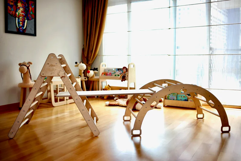 Kidoppo Pikler Climbing Set and Pillow | Montessori Set of 3 | Arch + Triangle + Stone Ramp + Pillow