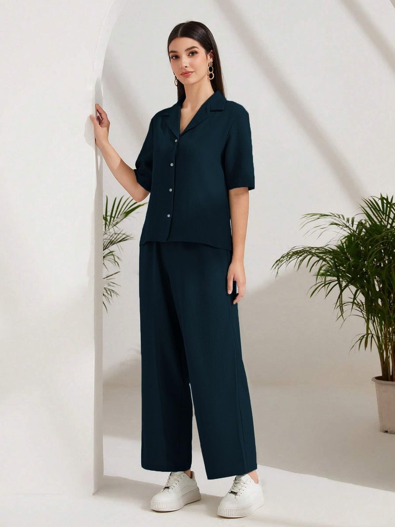 TOPLOT Women's Co-ord Set | Short Sleeve Top & Bottom | Stylish Matching Set | Comfortable Fit Wear | Trendy Look Styling | Easy Movement | Perfect for Casual (5232_S_Teal) - Image 2