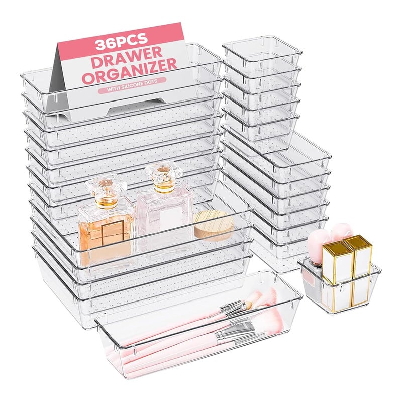 Criusia 36 Pcs Set Storage Organizer Set Kitchen Makeup Organizer MultiPurpose Organizer Desk Drawer Divider Tray Stationery Organizer Transparent - Image 1
