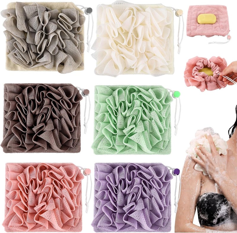 Swiffen 6 Pcs Washcloth Loofah Combo 2 in 1 Bath Loofah Sponge with Drawstring Exfoliation Mesh Shower Puff Ball for Body Wash Cleansing and Smooth SkinMulticolor - Image 1