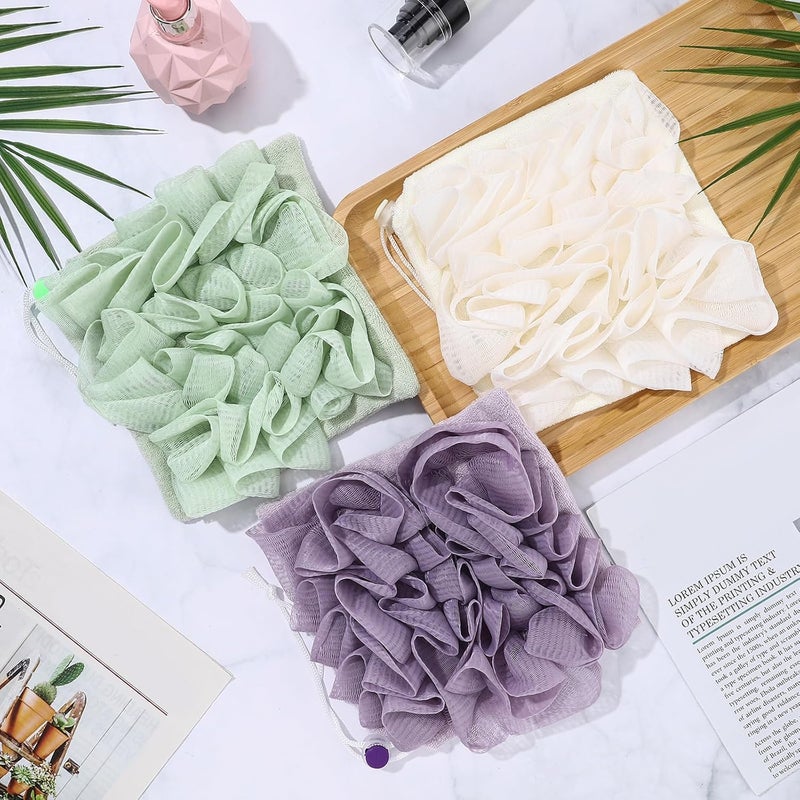Swiffen 6 Pcs Washcloth Loofah Combo 2 in 1 Bath Loofah Sponge with Drawstring Exfoliation Mesh Shower Puff Ball for Body Wash Cleansing and Smooth SkinMulticolor - Image 5