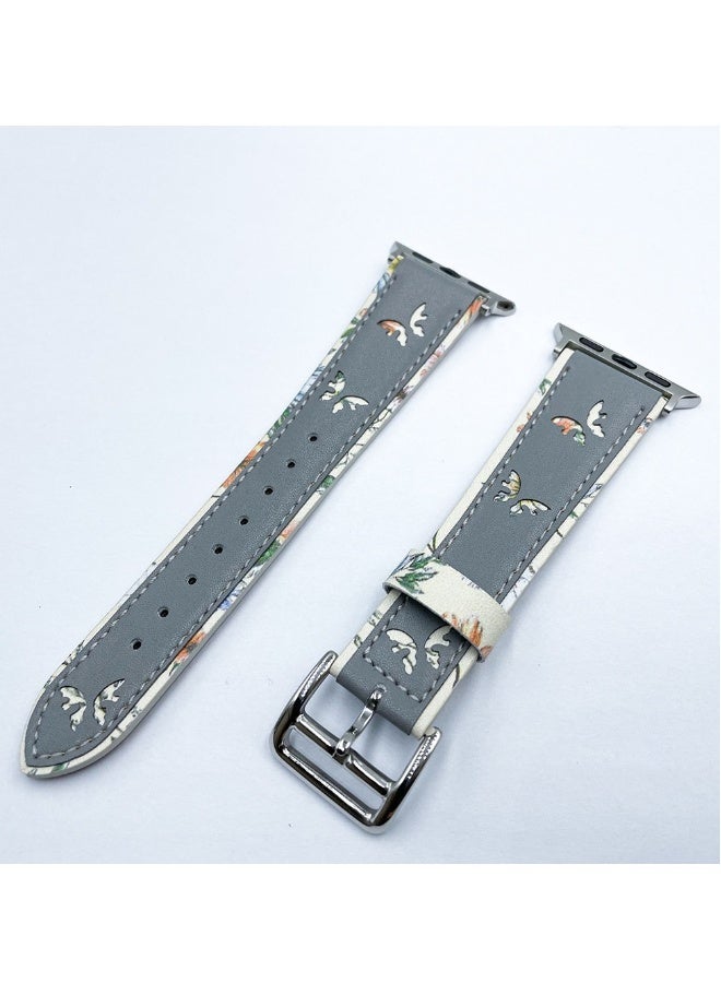 Beauenty For apple iWatch 6/7/8 Watch with Butterfly print leather strap 38/40/41mm grey