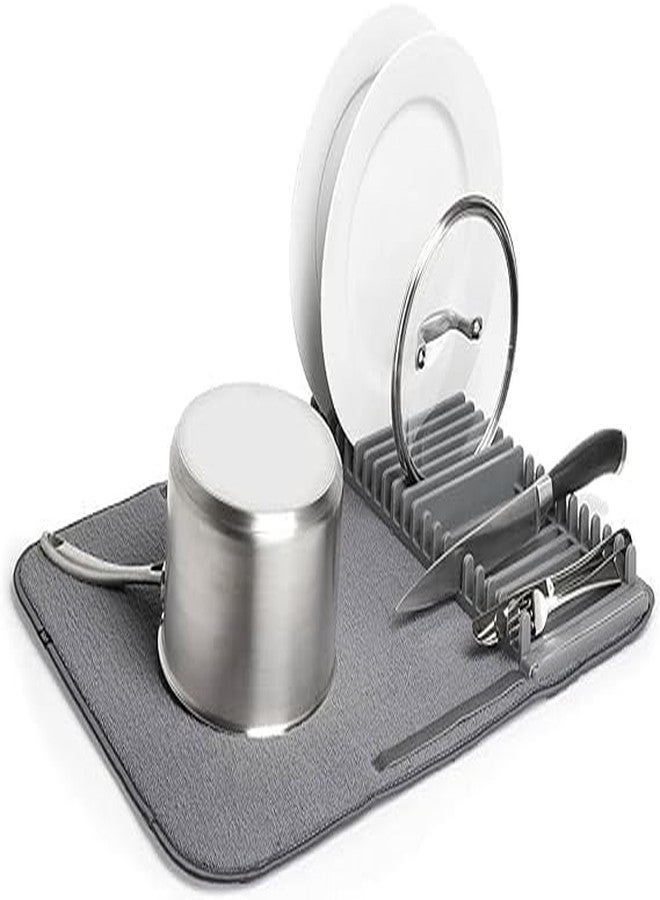 IMUU 1Pc Microfiber Dish Drying Mat with Rack, Super Absorbent Quick Dry Kitchen Counter Mat, Foldable Non Slip Dish Drainer, Space Saving Countertop Drying Pad with Holder for Plates Cups Utensils (Grey) - Image 1
