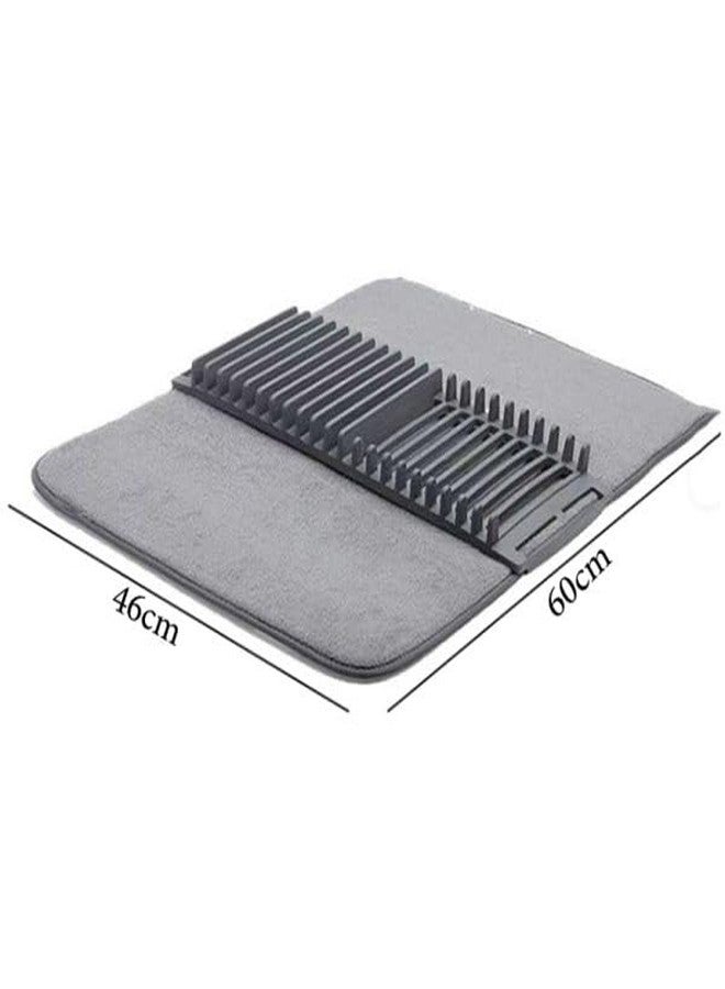 IMUU 1Pc Microfiber Dish Drying Mat with Rack, Super Absorbent Quick Dry Kitchen Counter Mat, Foldable Non Slip Dish Drainer, Space Saving Countertop Drying Pad with Holder for Plates Cups Utensils (Grey) - Image 2