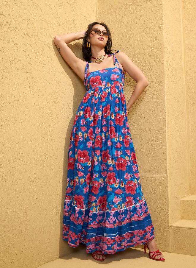 ساسافراس فستان ماكسي بحزام مزين بطبعة أزهار ساسافراس - Image 1