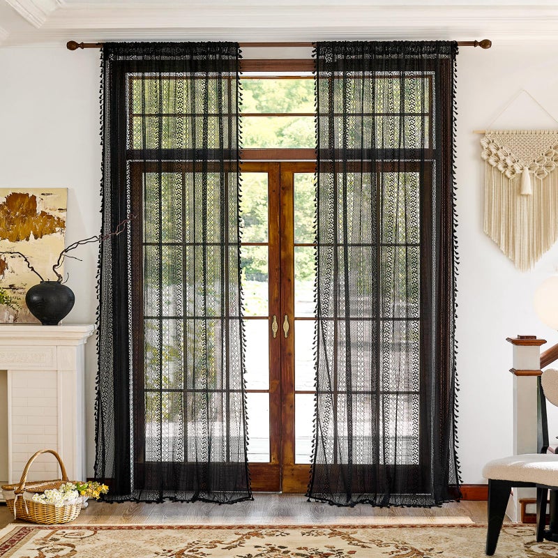 Anmao Boho Curtains Crochet Lace Semi-Sheer Hollow Out Knitted Tassels Curtain 84 Inch Length 2 Panels Set for Living Room, Vintage Bohemian Light Filtering Rod Pocket Drapes, (W52xL84, Black) - Image 2