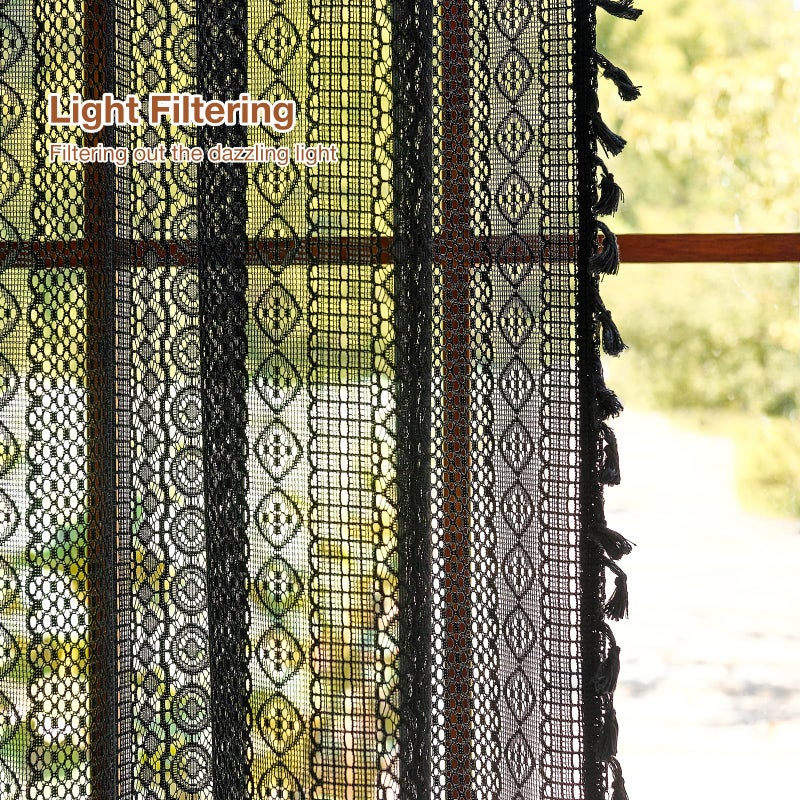 Anmao Boho Curtains Crochet Lace Semi-Sheer Hollow Out Knitted Tassels Curtain 84 Inch Length 2 Panels Set for Living Room, Vintage Bohemian Light Filtering Rod Pocket Drapes, (W52xL84, Black) - Image 4