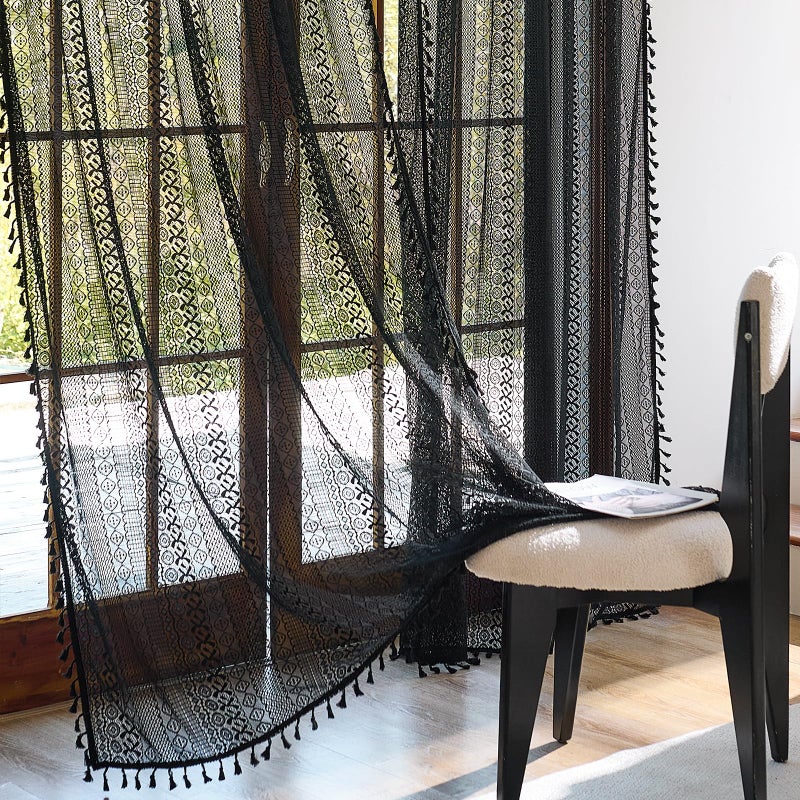 Anmao Boho Curtains Crochet Lace Semi-Sheer Hollow Out Knitted Tassels Curtain 84 Inch Length 2 Panels Set for Living Room, Vintage Bohemian Light Filtering Rod Pocket Drapes, (W52xL84, Black) - Image 1