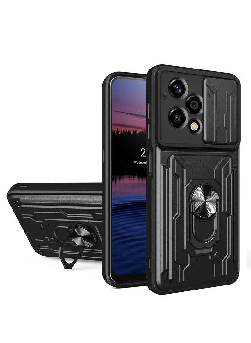 for Honor 200 Lite 5G Case, Card Holder & Slide Camera Lens Cover, Magnetic Ring Holder Kickstand Protective Phone Case for Honor 200 Lite 5G, Black