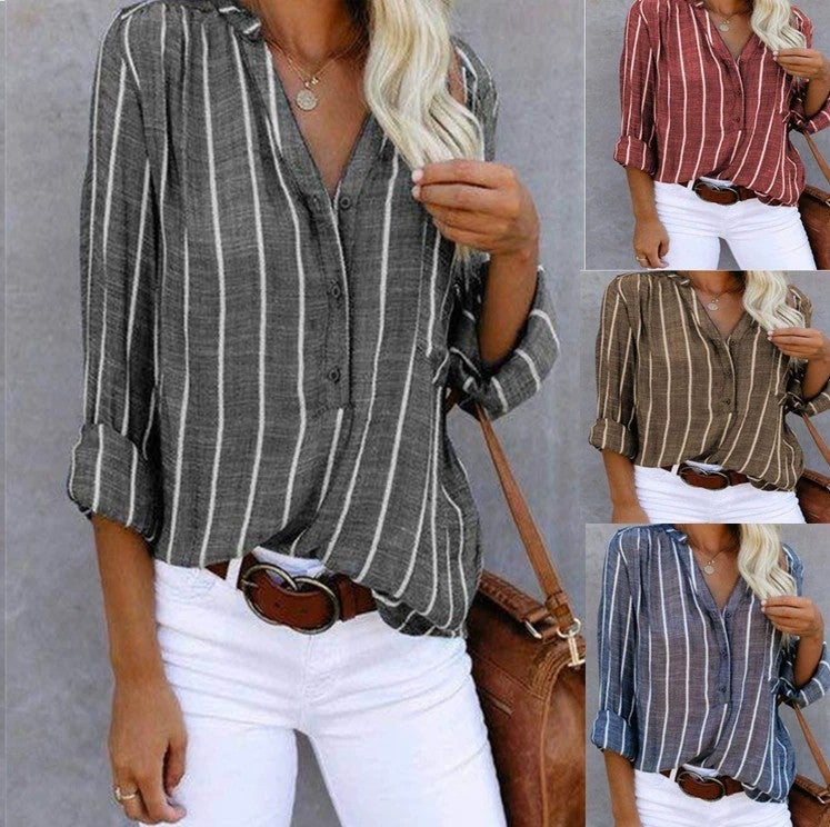 Women's Striped Long Sleeve Relaxed Fit Pocket Blouse - Image 1