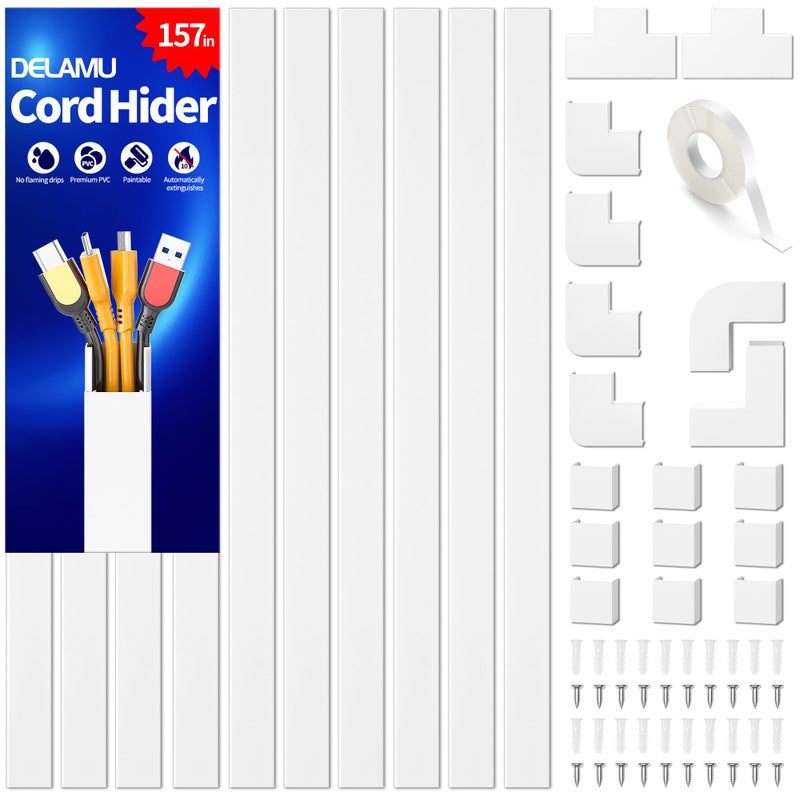 Delamu 157in Cord Hider Wall, TV Cable Hider Cord Covers for Wires on Wall, Large Cable Management Raceway, Paintable Wire Hiders Wire Covers for Cords for TV on Walls, 10 X L15.7 W1.18 H0.6in, White - Image 1